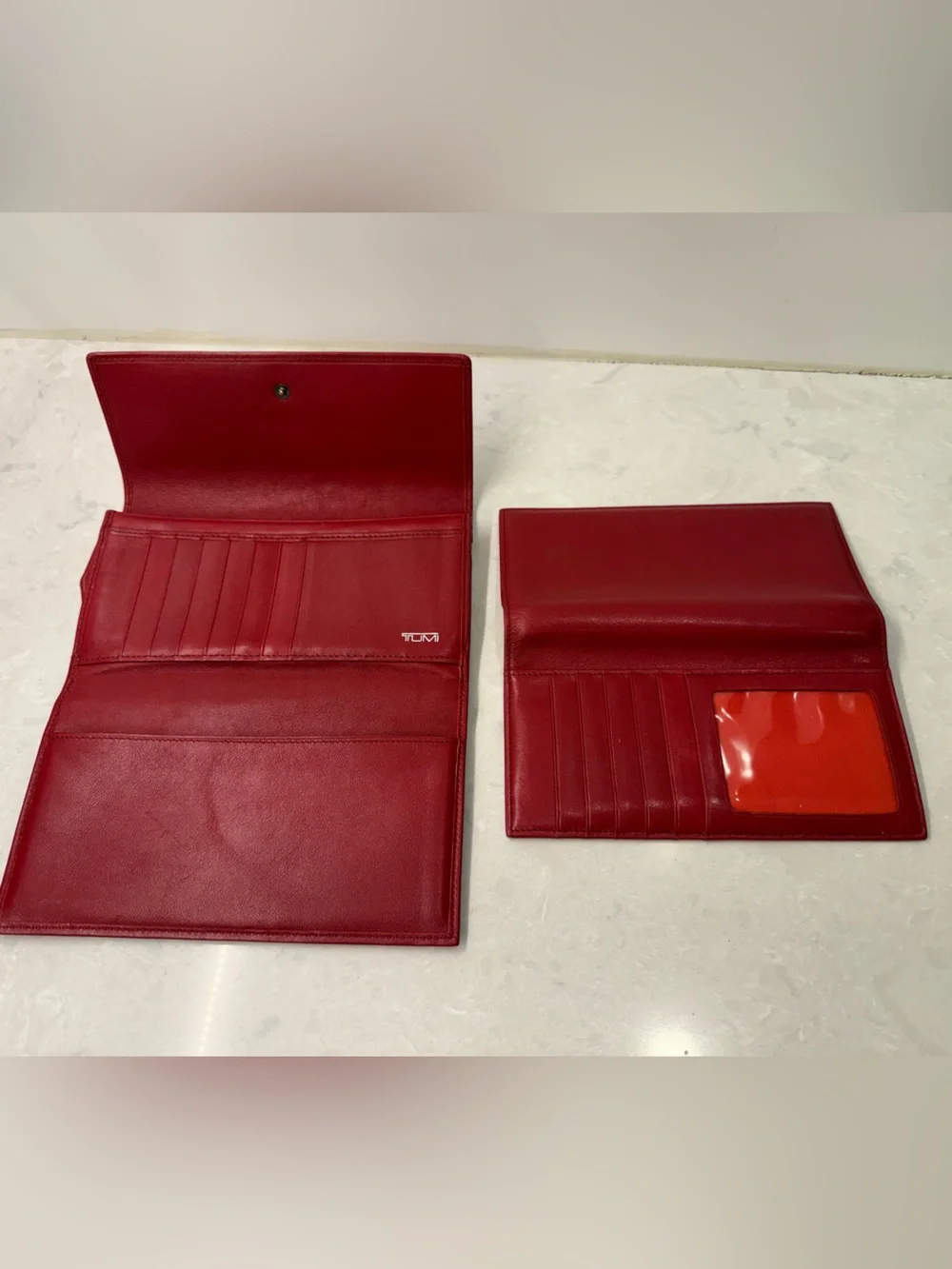 TUMI Red Leather Trifold Wallet w/ Checkbook Holder